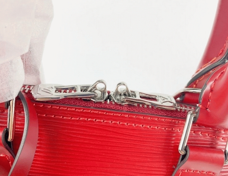 Louis Vuitton Epi Leather Alma BB Handbag In Red With Jacquard Strap
