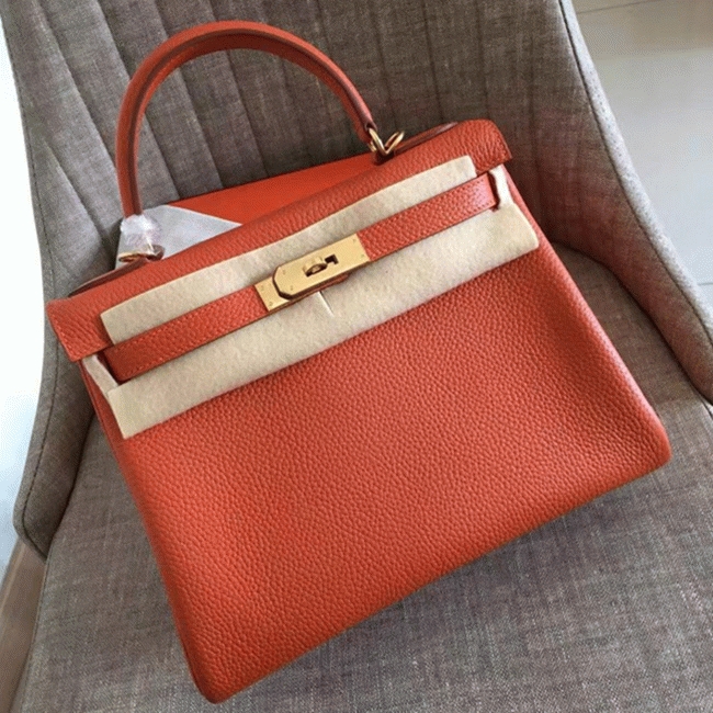 Orange Clemence Fake Hermes Kelly Retourne 28cm Signature Purse
