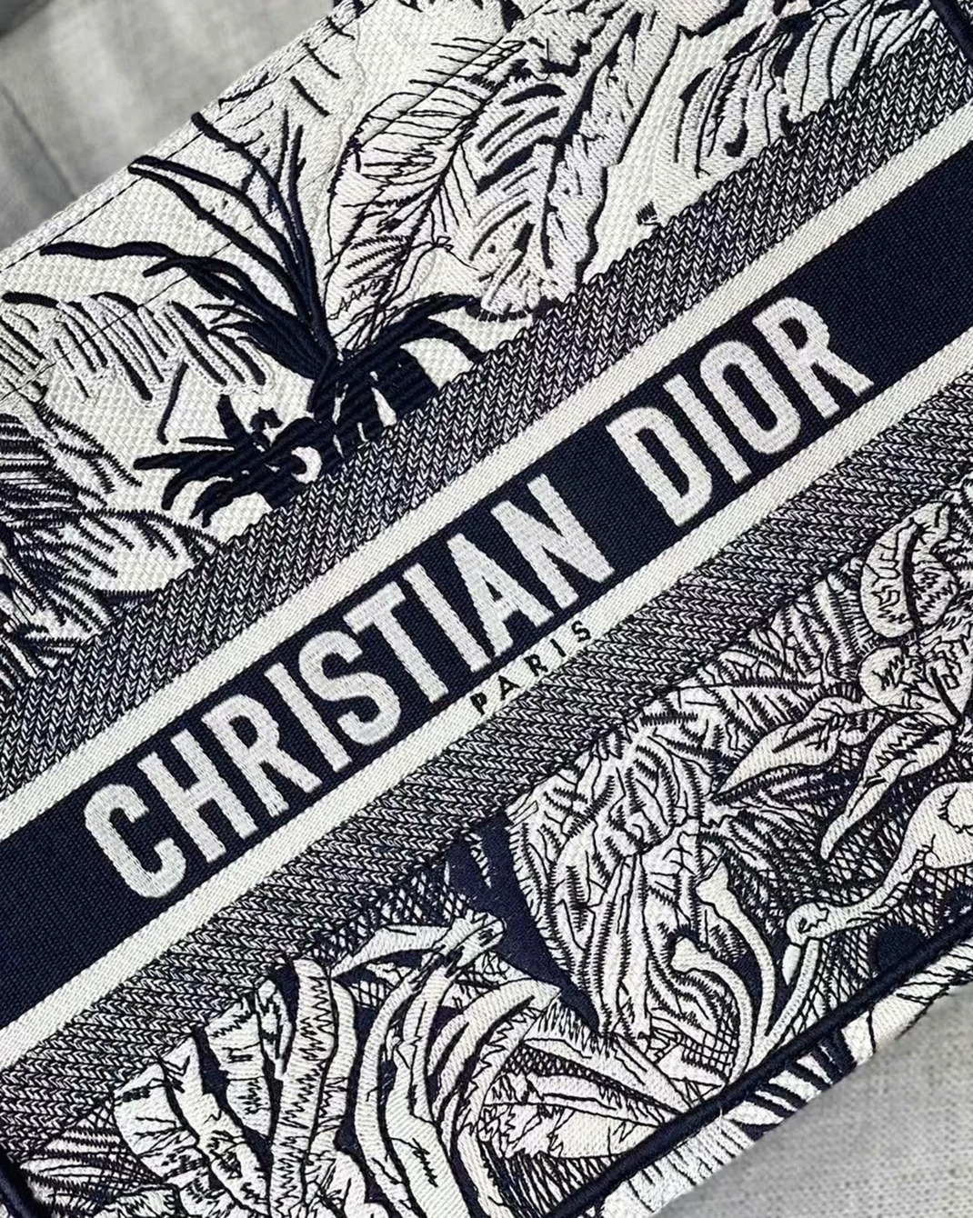 Dior Medium Book Tote Bag Fake in Blue Toile de Jouy Palms Embroidery