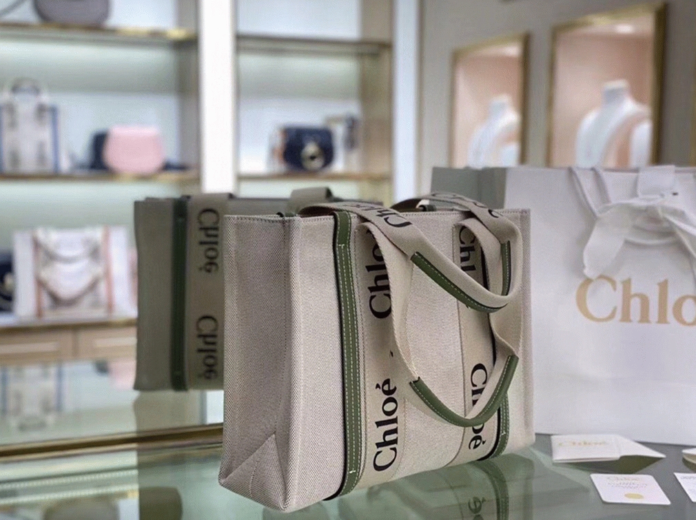 Top Quality Fake Chloe Medium Woody Tote Bag in Canvas with Green Leather Strips