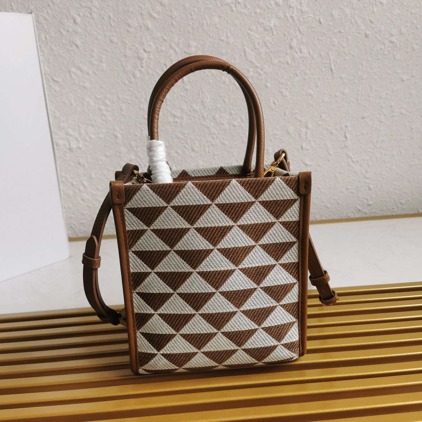 Prada Symbole Micro Bag Replica in White/Brown Jacquard Fabric
