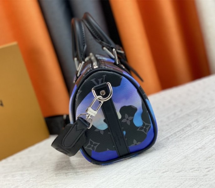 Louis Vuitton Monogram Eclipse Keepall Bandouliere 25 Travel Bag In Blue And Purple Sunrise