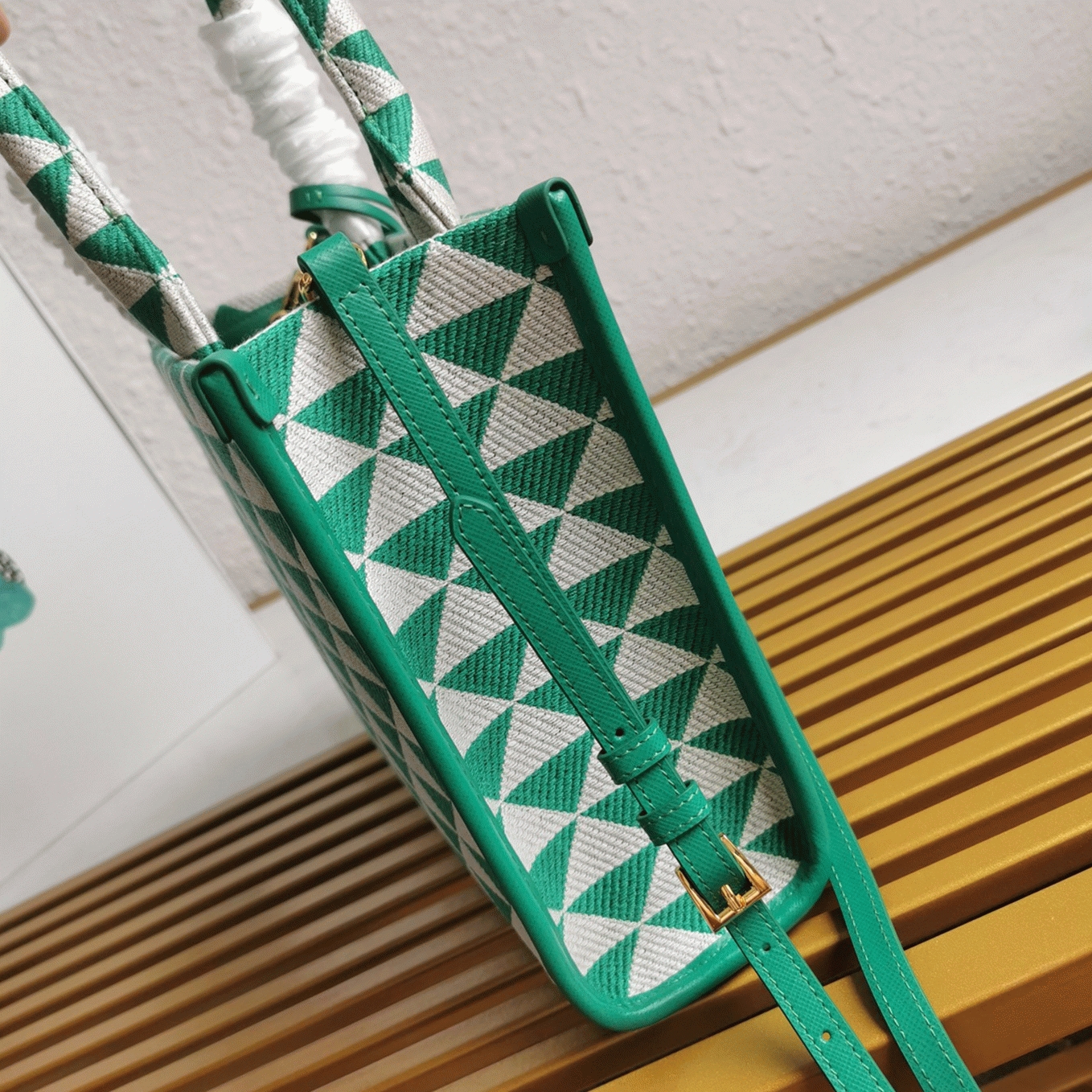 Prada Symbole Small Bag Replica in Green/White Jacquard Fabric