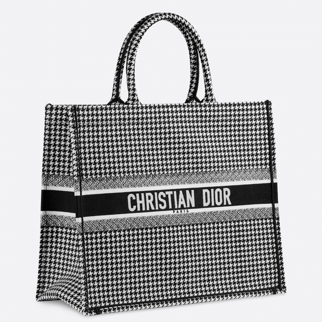 Dior Large Book Tote Bag Fake in Houndstooth Embroidered Canvas