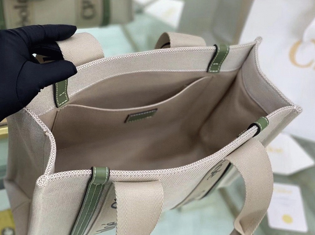 Top Quality Fake Chloe Medium Woody Tote Bag in Canvas with Green Leather Strips