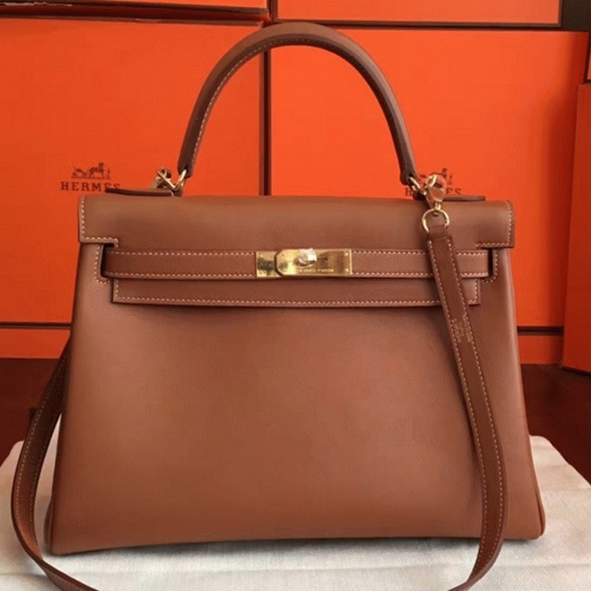 Brown Swift Fake Hermes Kelly Retourne 32cm Soft Leather Handbag