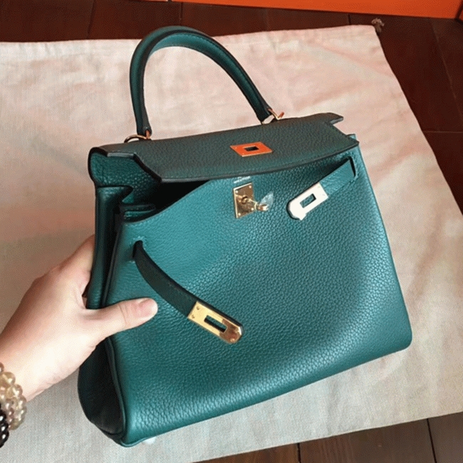 Malachite Clemence Replica Hermes Kelly 25cm Retourne Tote