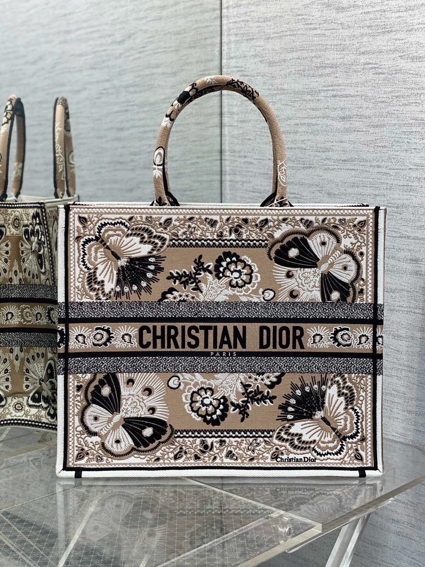 Dior Large Book Tote Bag Fake in Beige Butterfly Bandana Embroidery