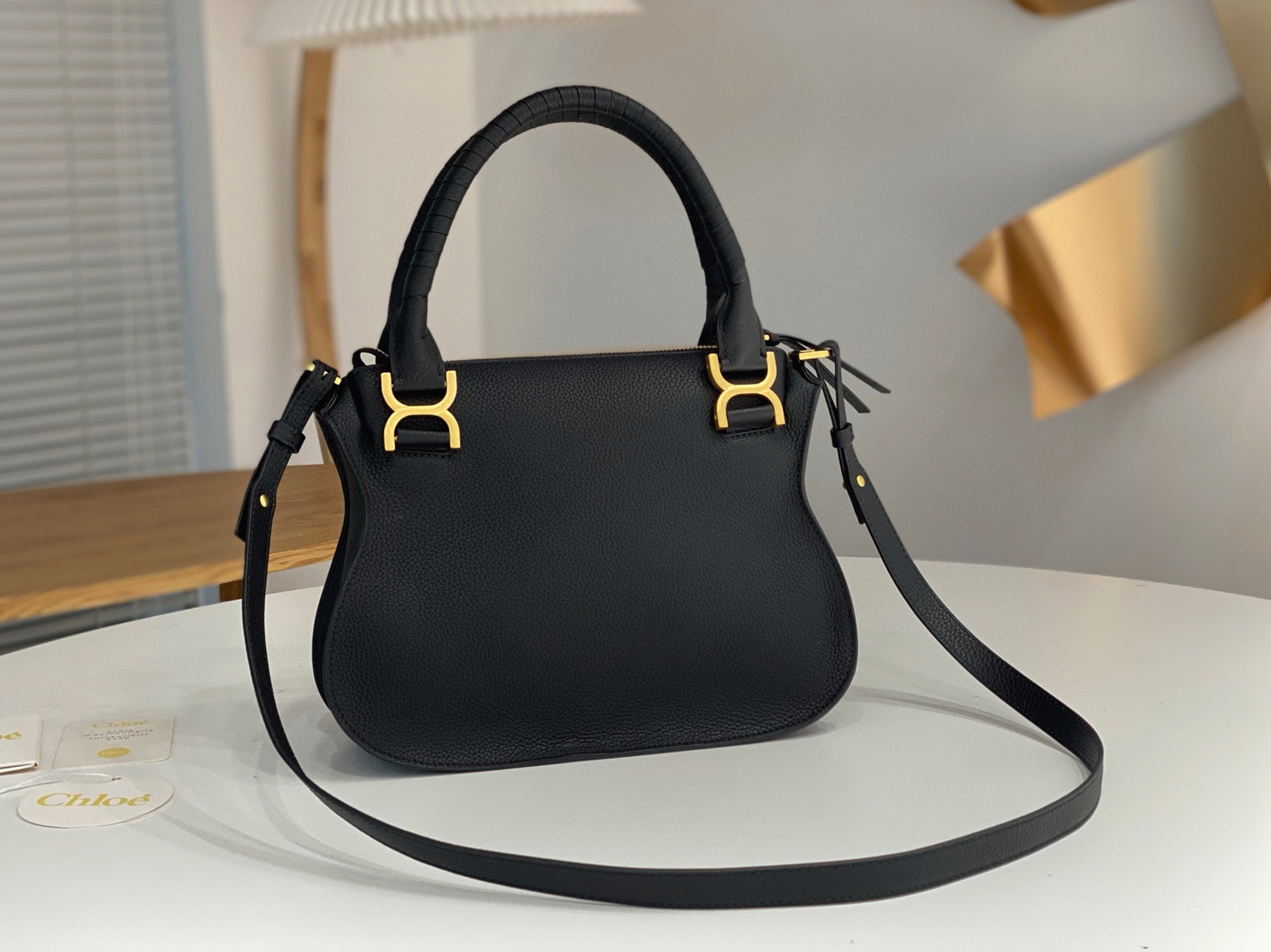 Top Quality Knockoff Chloe Marcie Small Double Carry Bag in Black Grained Leather