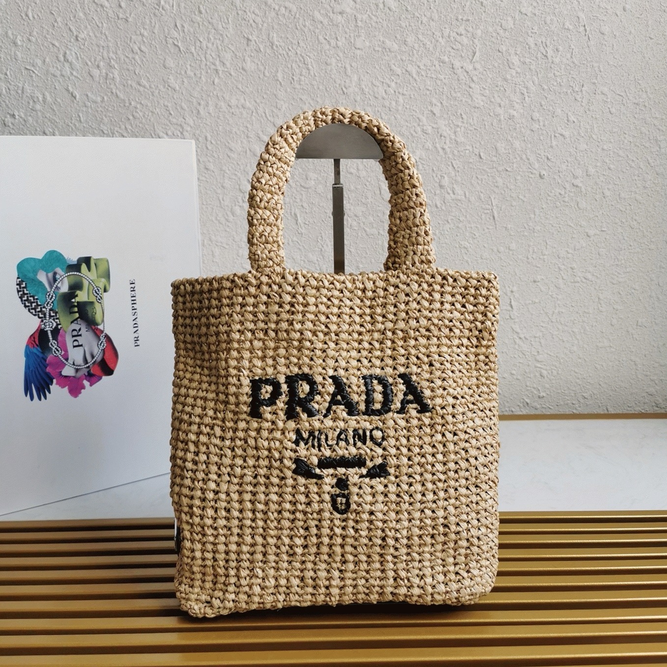 Prada Small Crochet Tote Bag Knockoff in Beige Raffia-effect Yarn