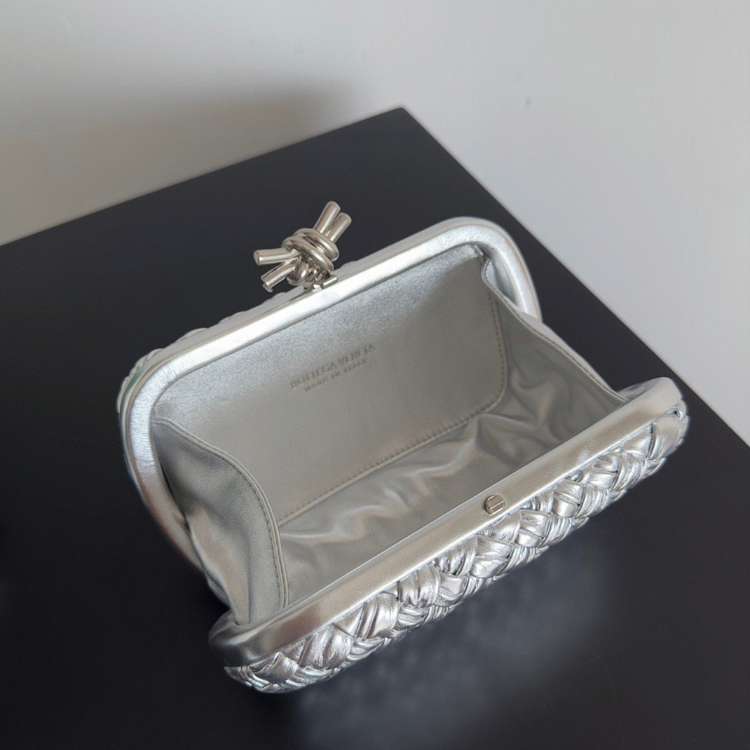 Fake Bottega Veneta Knot Minaudiere Clutch Silver Intreccio