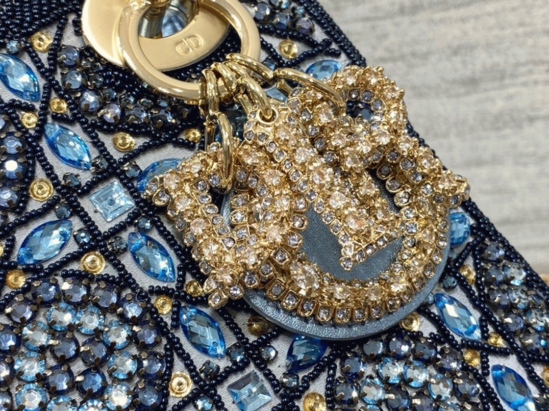 Dior Lady Dior Mini Chain Bag Replica in Satin with Blue Bead Embroidery