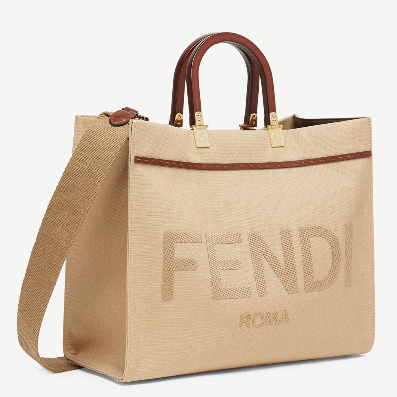 Top Quality Fake Fendi Sunshine Medium Tote Bag In Beige Canvas