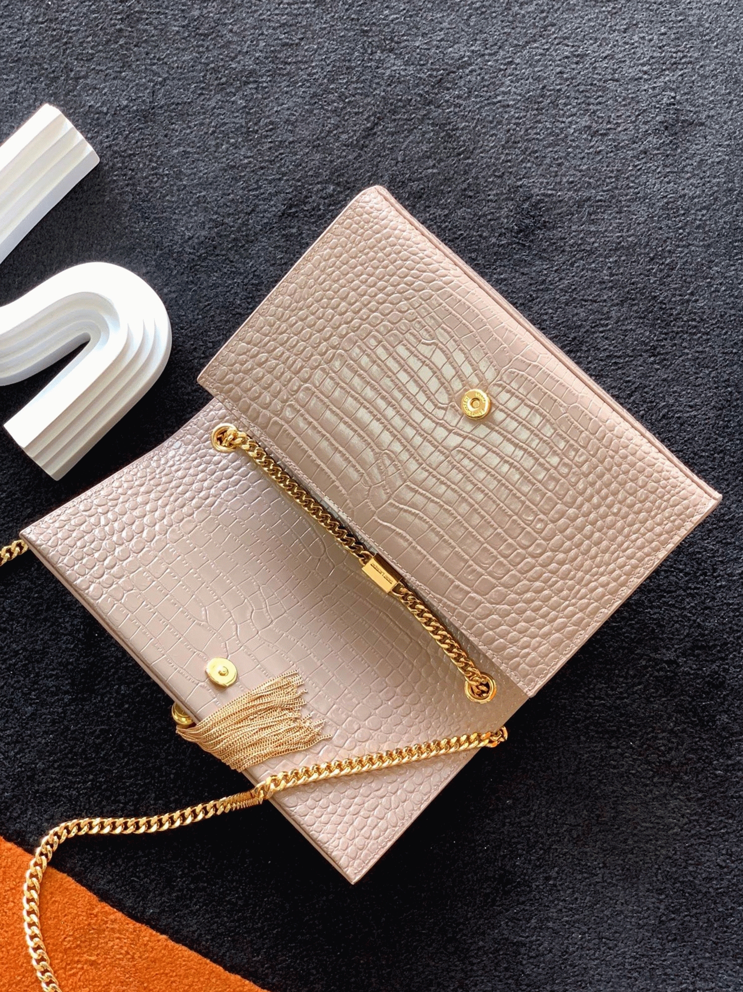 Fake Saint Laurent Kate Medium Tassel Bag Beige Crocodile-embossed Leather