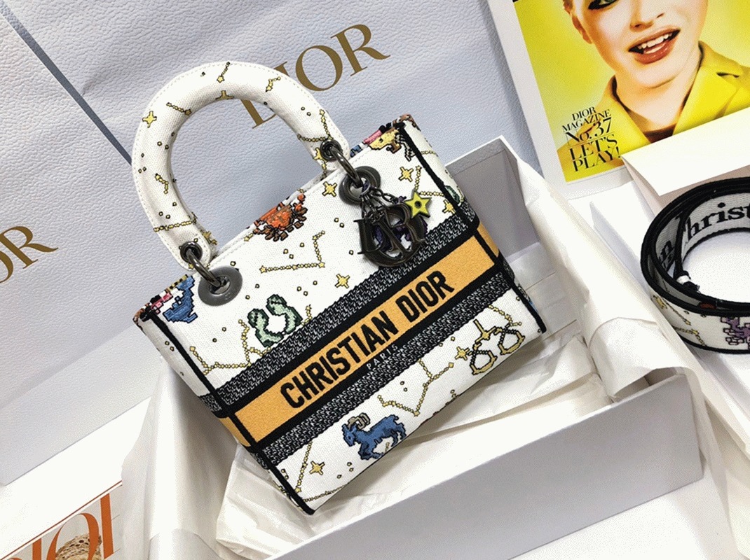 Dior Lady D-Lite Medium Bag Fake in White Pixel Zodiac Embroidery