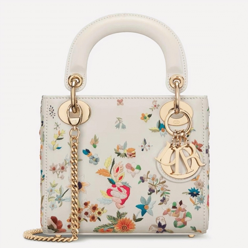 Dior Lady Dior Mini Bag Knockoff in White Calfskin with Multicolor Small Flowers