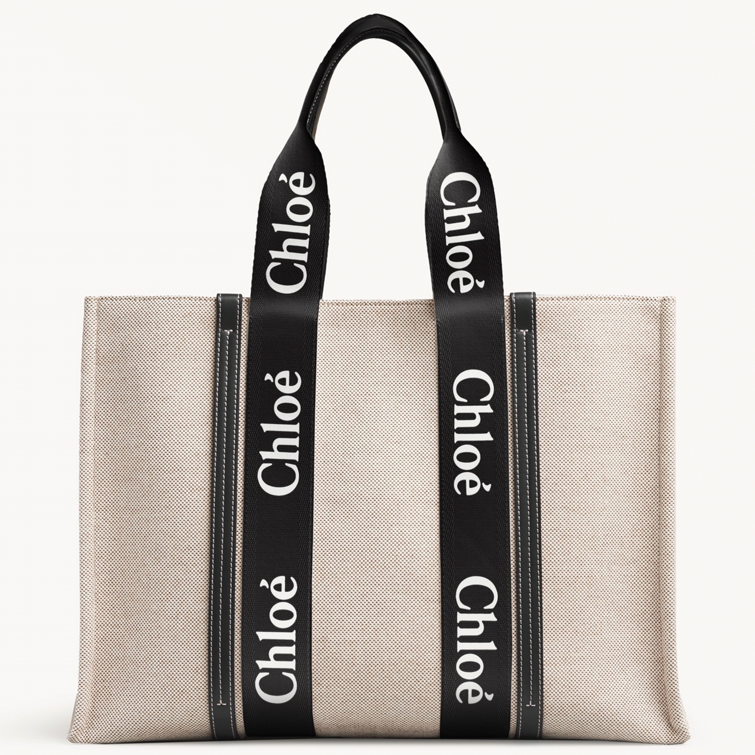 Top Quality Knockoff Chloe Medium Woody Tote Bag in Canvas with Black Leather Strips