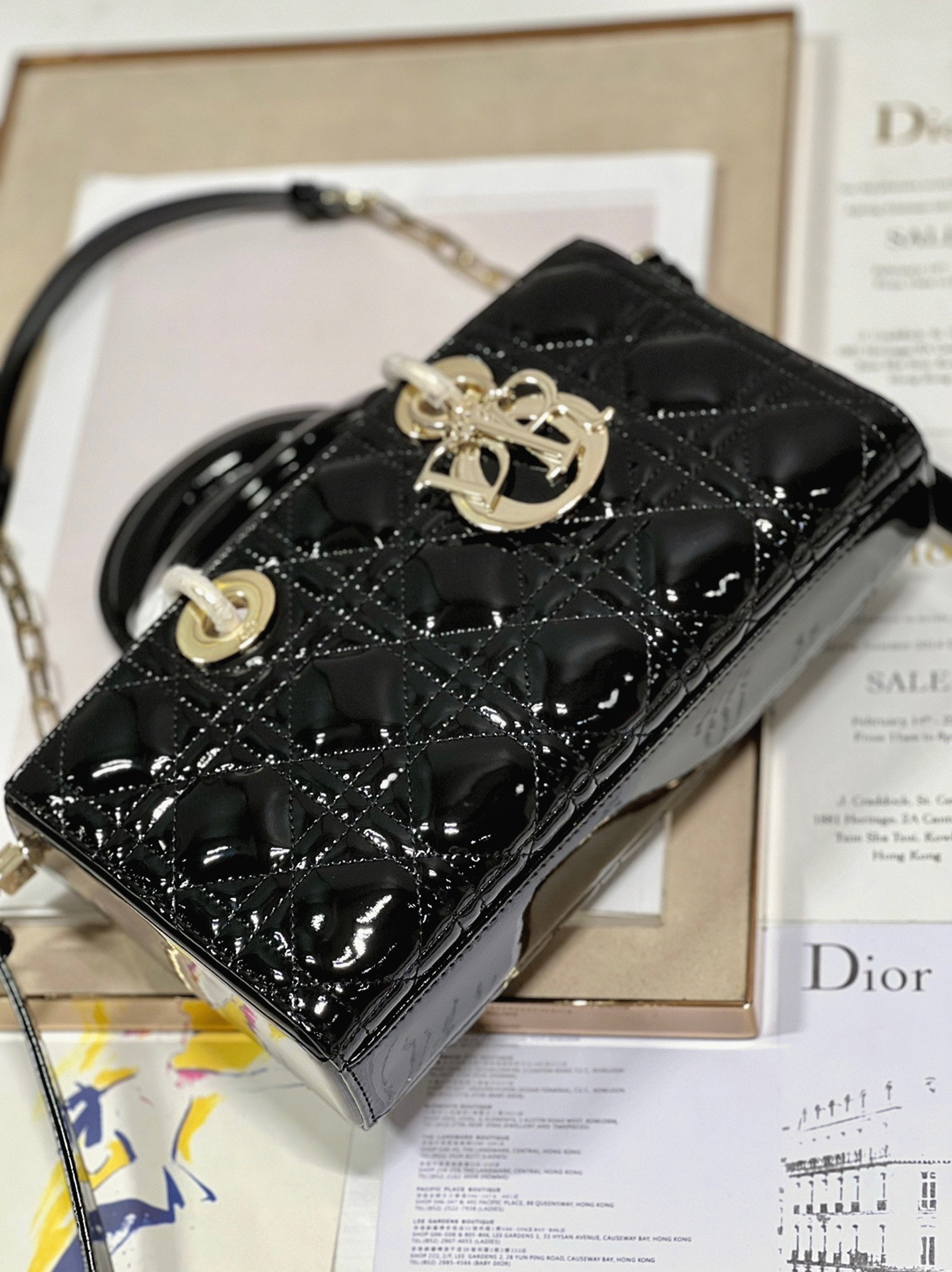 Dior Lady D-Joy Medium Bag Faux in Black Patent Cannage Calfskin