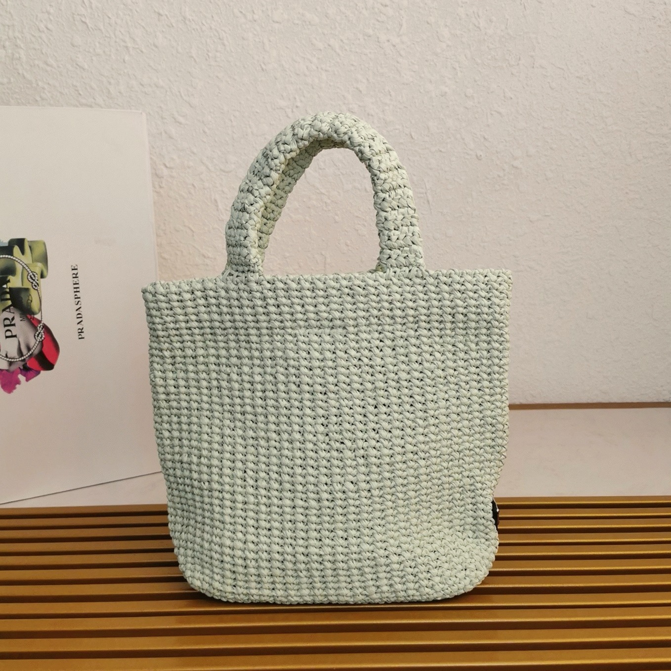 Prada Small Crochet Tote Bag Replica in Aqua Raffia-effect Yarn