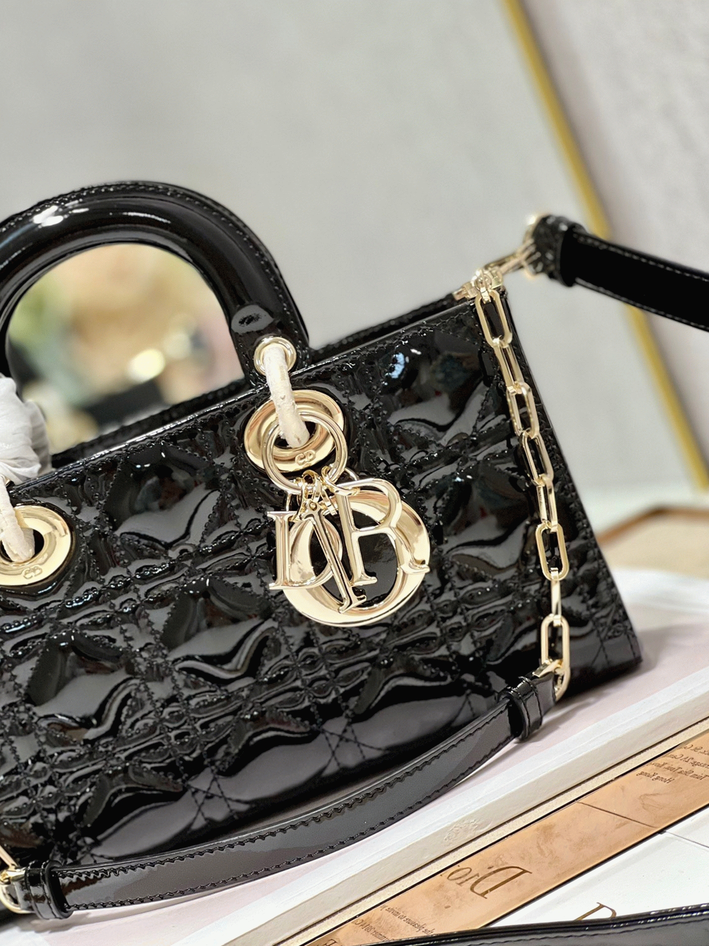 Dior Lady D-Joy Medium Bag Faux in Black Patent Cannage Calfskin
