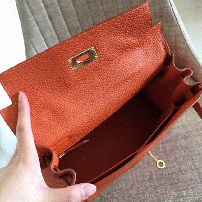 Orange Clemence Fake Hermes Kelly Retourne 28cm Signature Purse