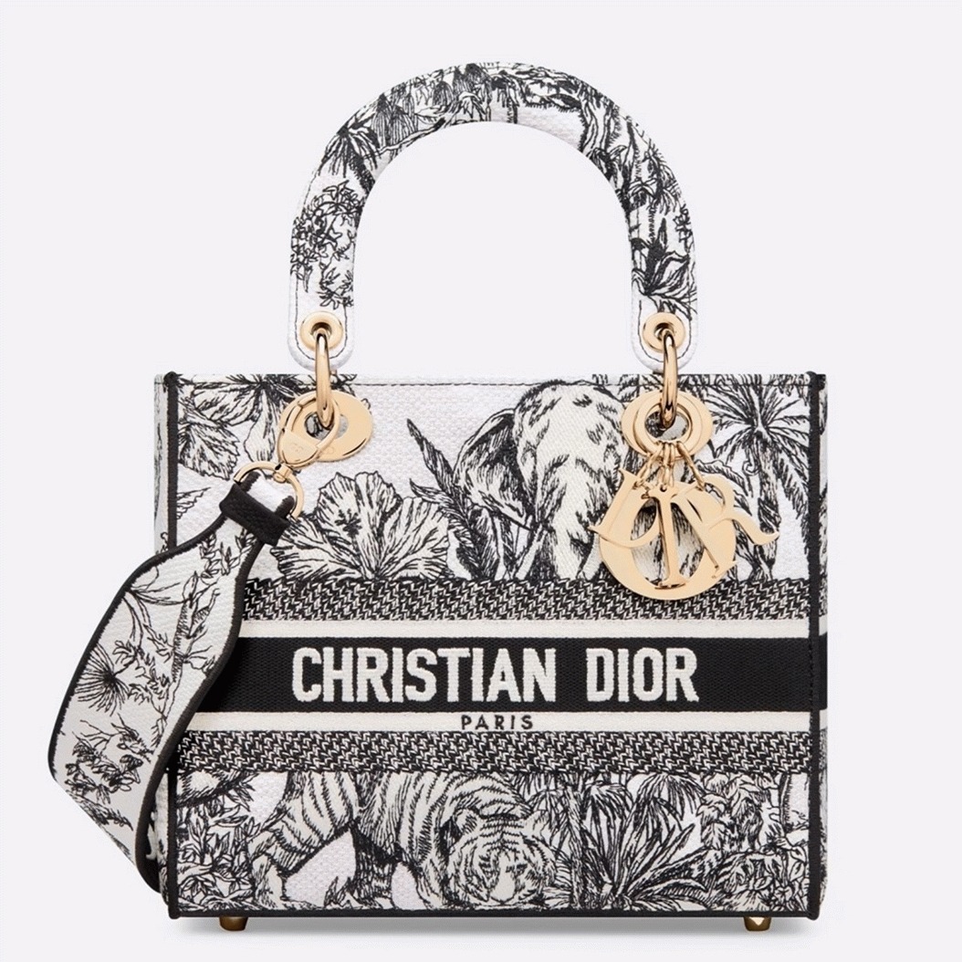 Dior Lady D-Lite Medium Bag Knockoff in White Toile de Jouy Voyage Embroidery