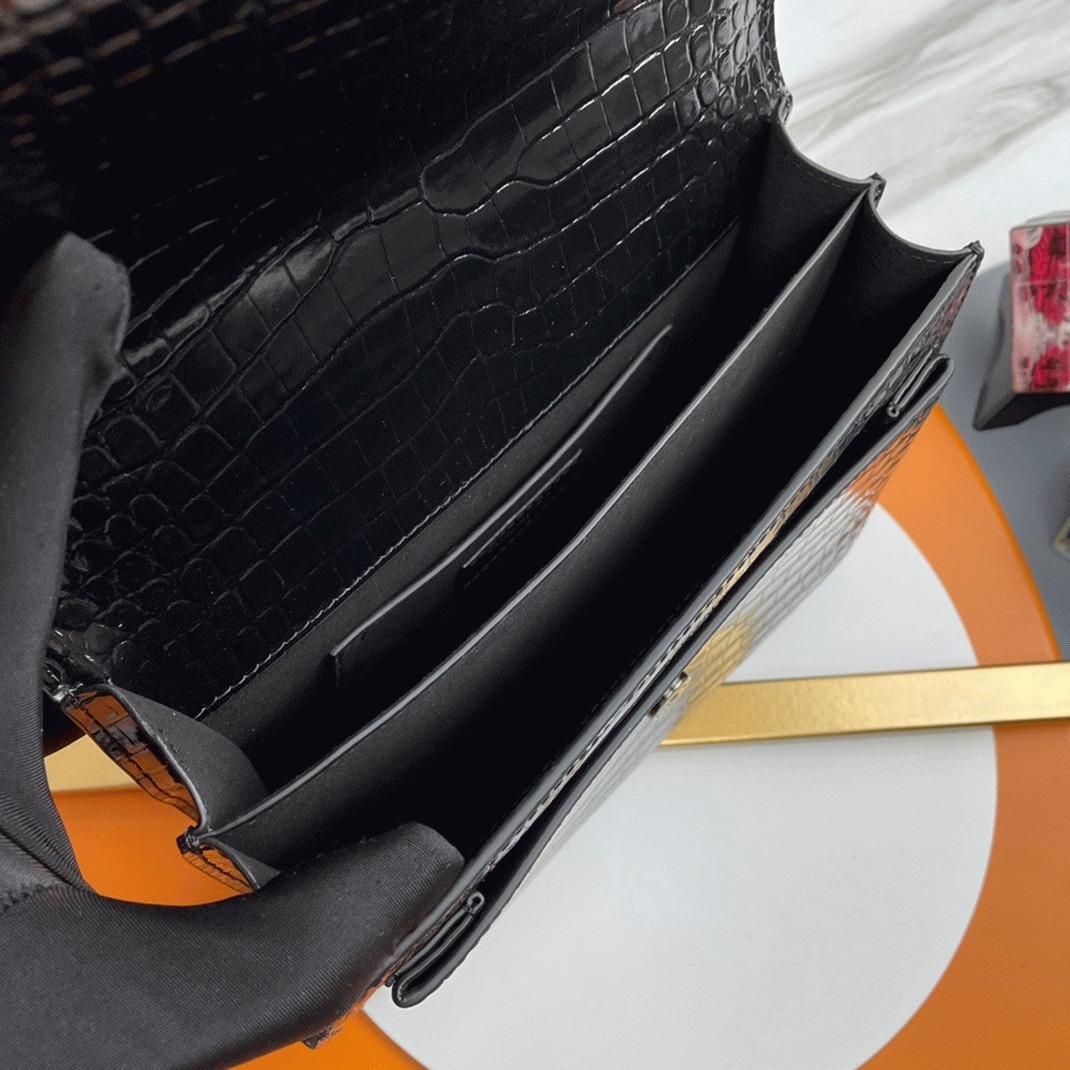 Fake Saint Laurent Sunset Medium All Black Chain Bag Crocodile-embossed Leather
