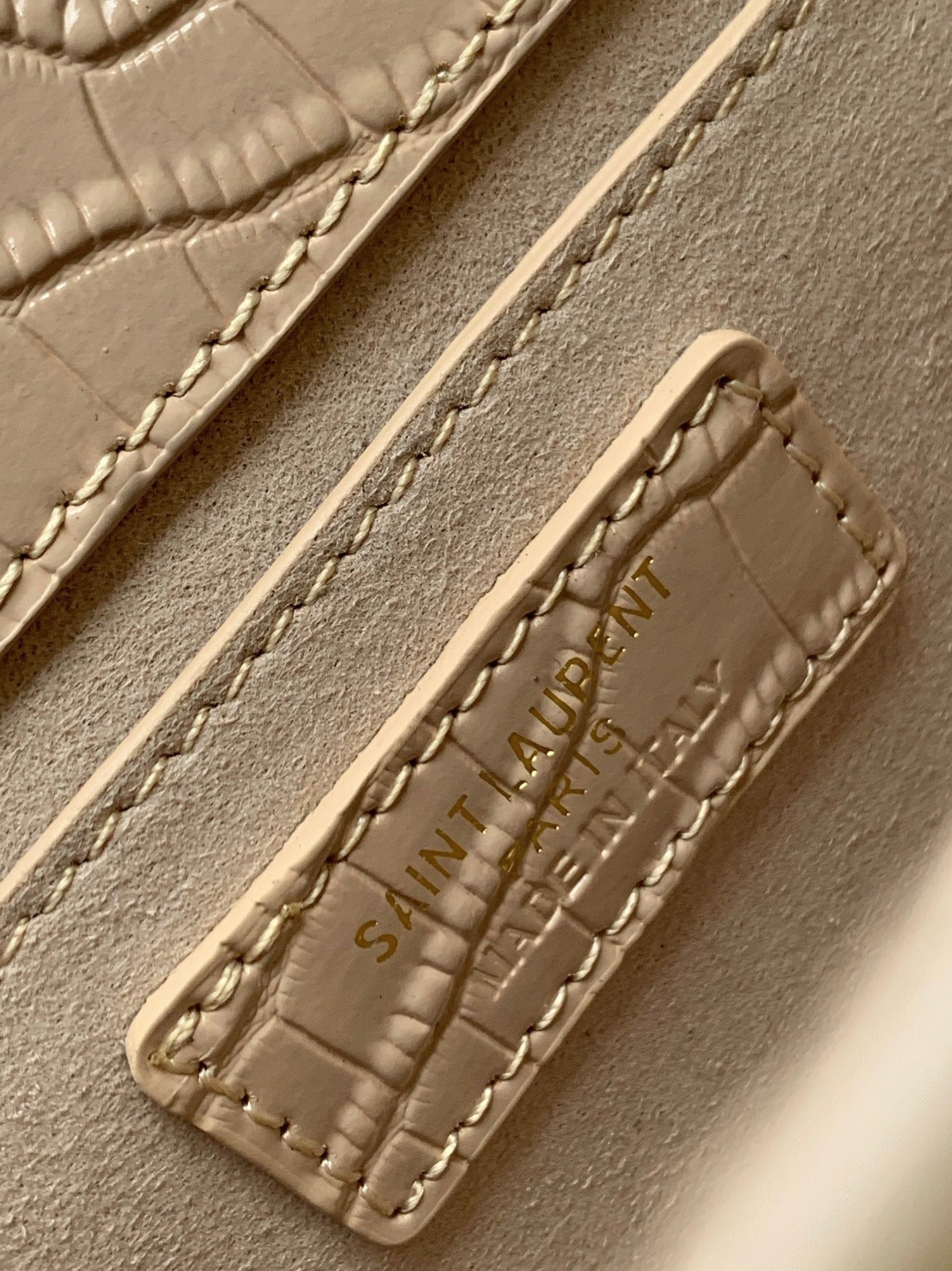 Fake Saint Laurent Sunset Medium Chain Bag Beige Crocodile-embossed Leather