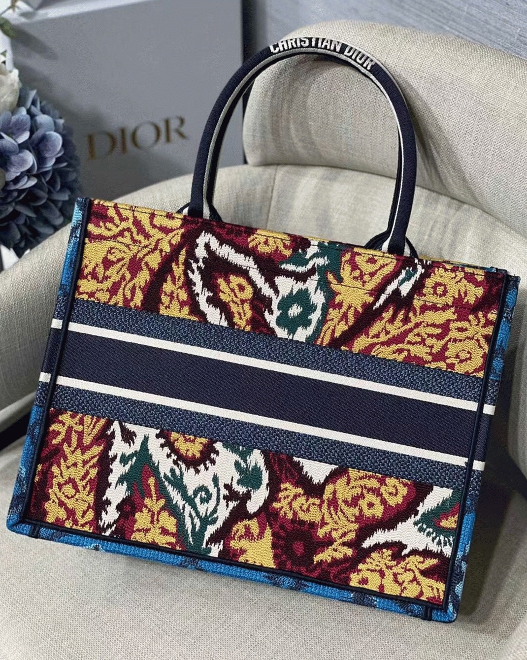 Dior Medium Book Tote Bag Replica in Blue Multicolor Dior Paisley Embroidery