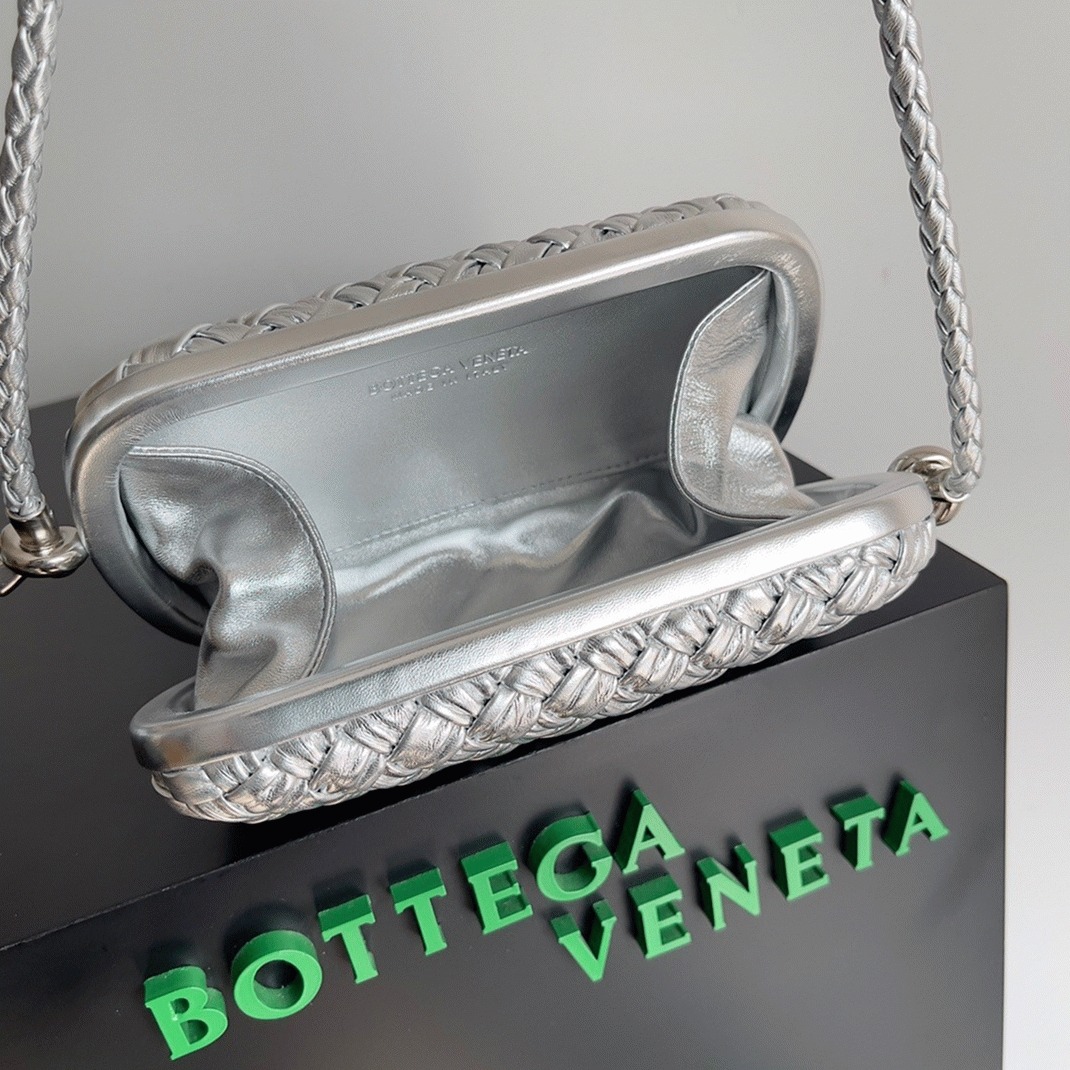 Fake Bottega Veneta Knot Minaudiere On Strap Silver Intreccio Laminated Leather