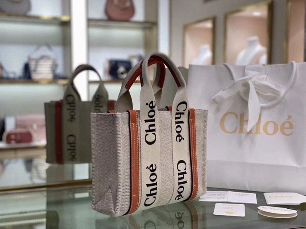 Top Quality Knockoff Chloe Small Woody Tote Bag in Canvas with Brown Leather Strips