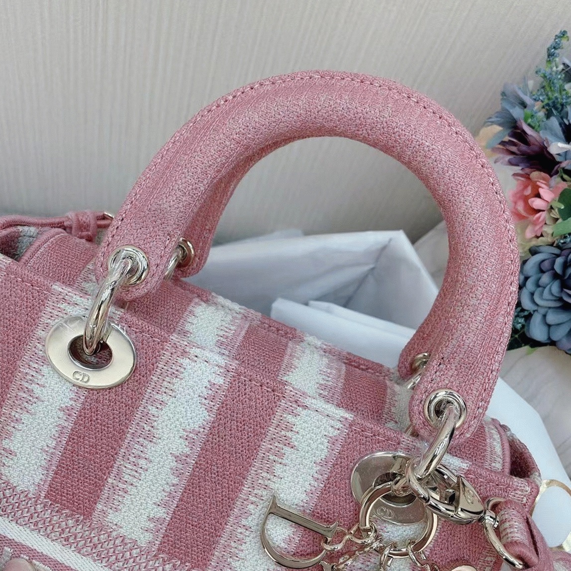 Dior Lady D-Lite Medium Bag Replica in Pink D-Stripes Embroidery