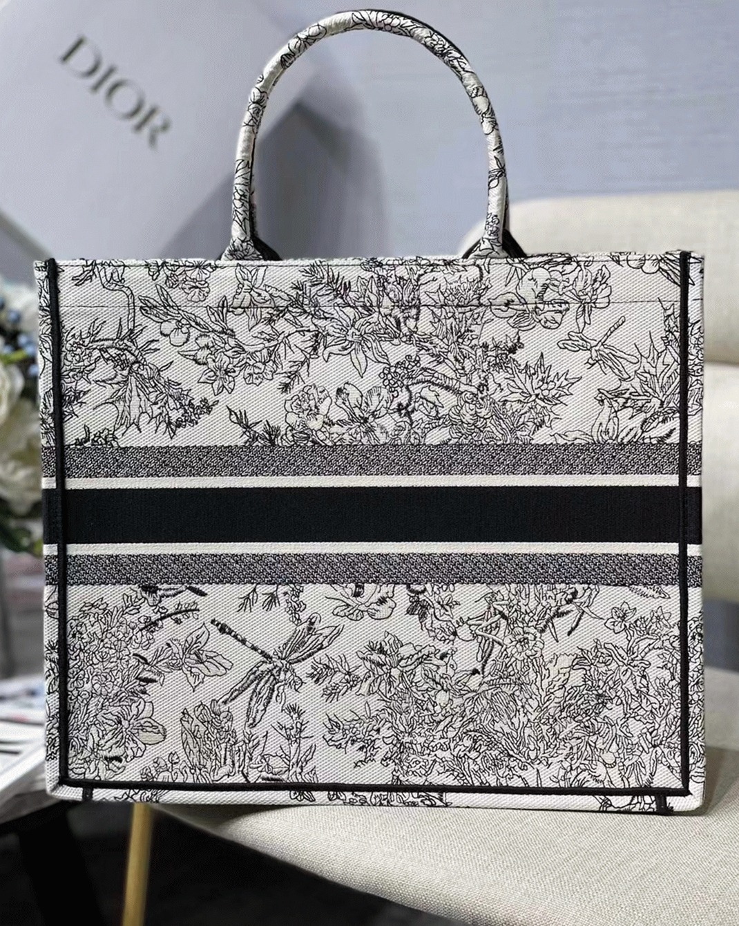 Dior Large Book Tote Bag Replica in Blue Toile de Jouy Flowers Embroidery