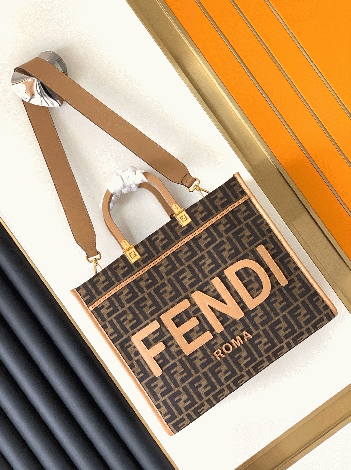Top Quality Knockoff Fendi Sunshine Medium Tote Bag in Brown FF Jacquard Fabric
