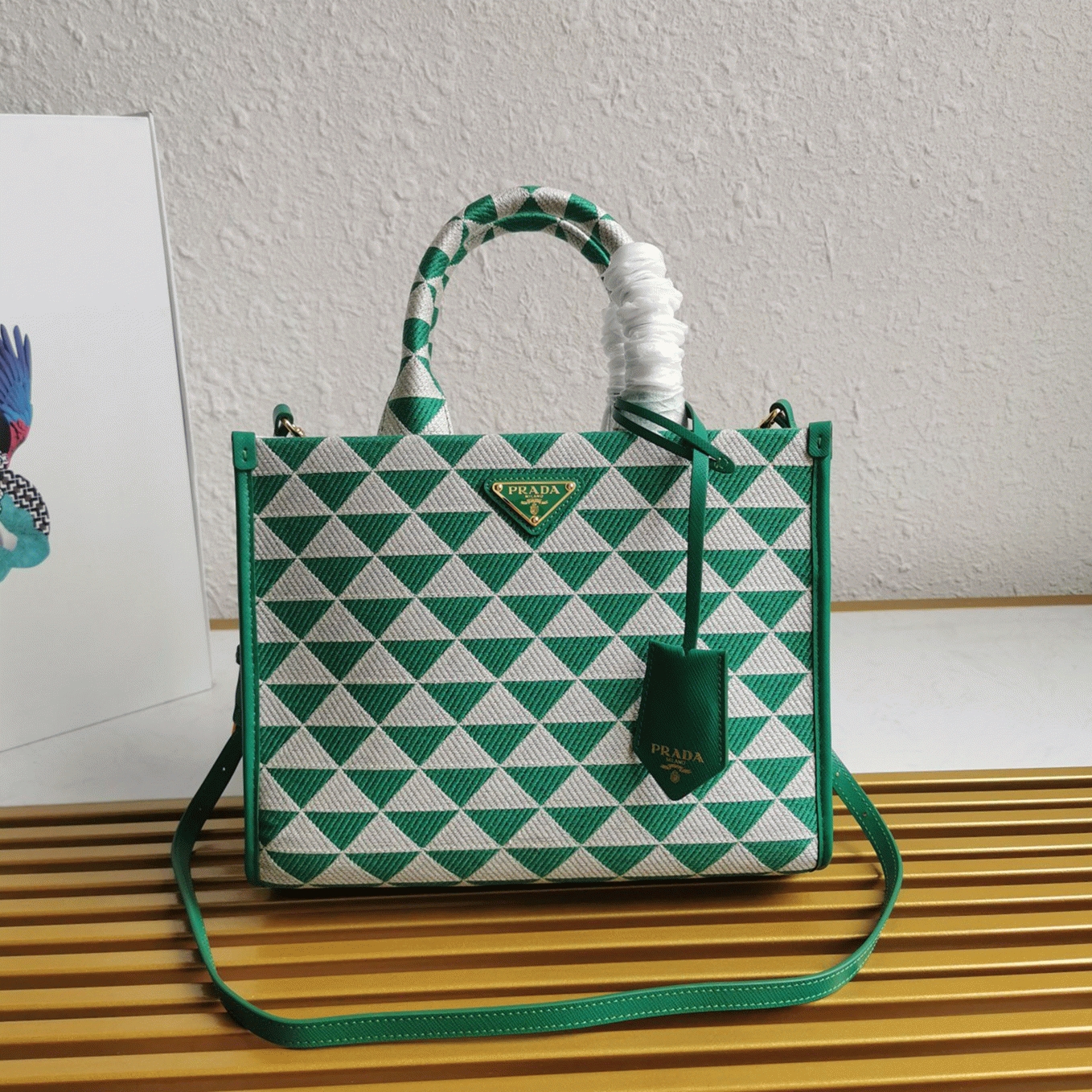 Prada Symbole Small Bag Replica in Green/White Jacquard Fabric