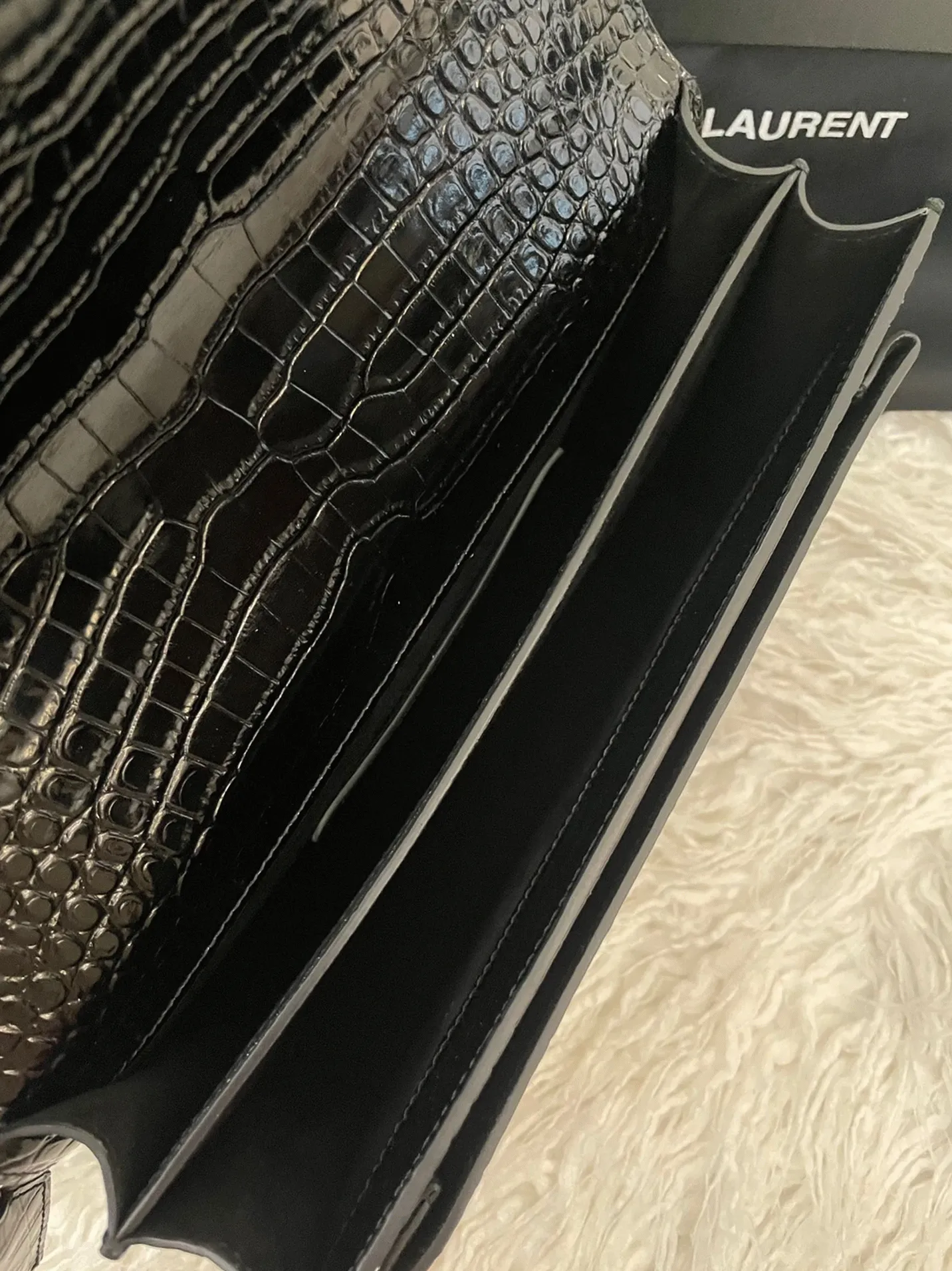 Black Croc-Embossed Leather YSL Sunset Medium Chain Replica Bag