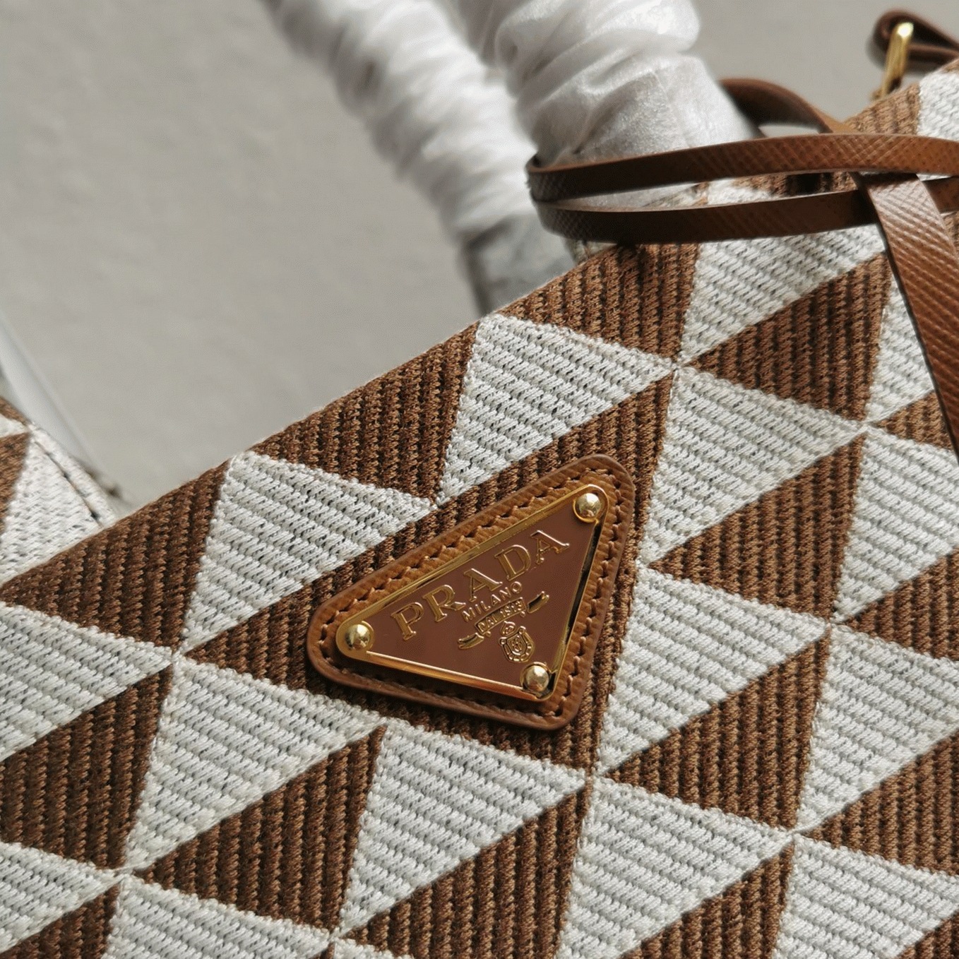 Prada Symbole Large Bag Replica in White/Brown Jacquard Fabric