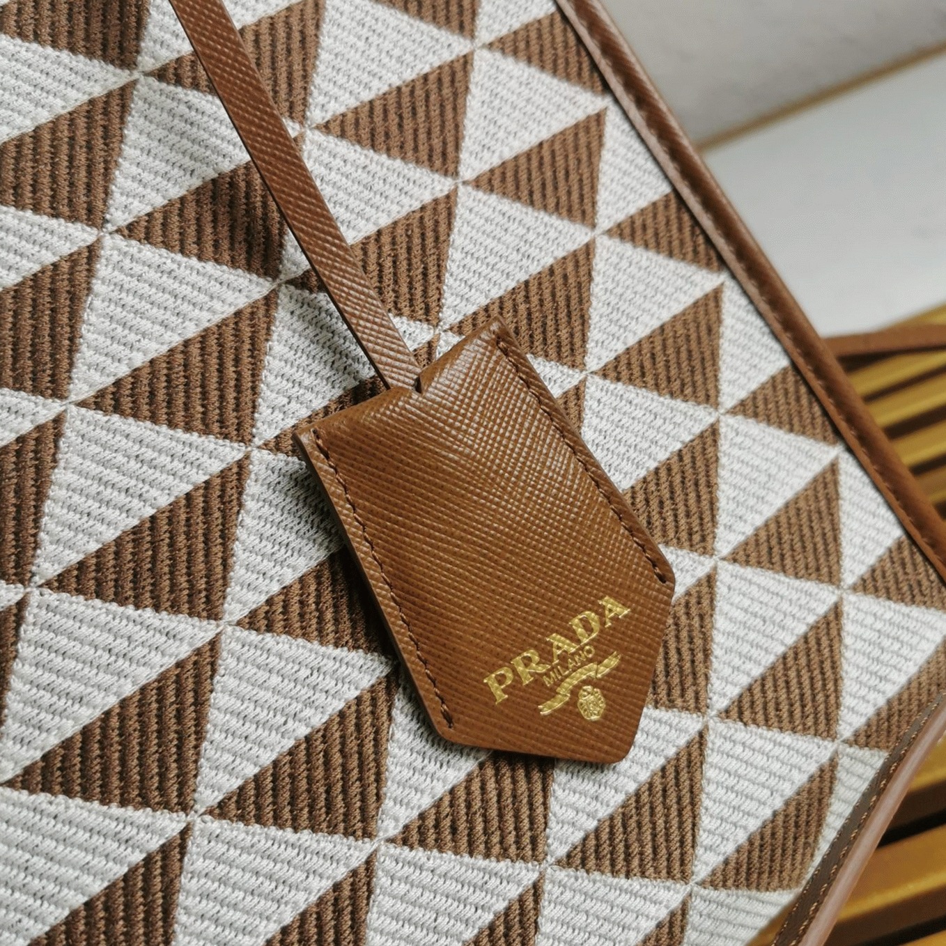 Prada Symbole Large Bag Replica in White/Brown Jacquard Fabric