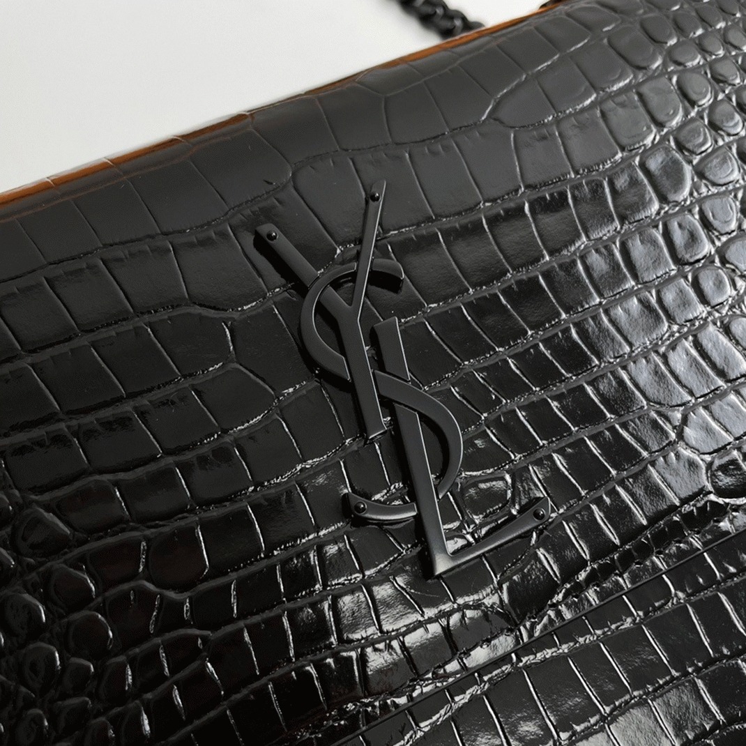 Fake Saint Laurent Sunset Medium All Black Chain Bag Crocodile-embossed Leather