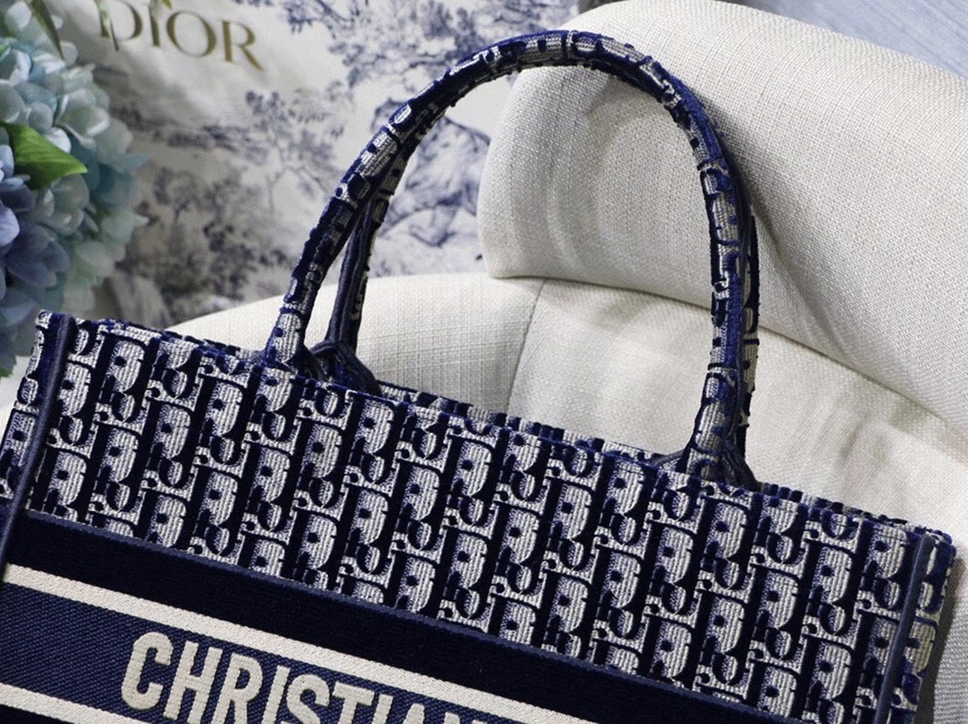 Dior Medium Book Tote Bag Knockoff in Blue Velvet Oblique Embroidered