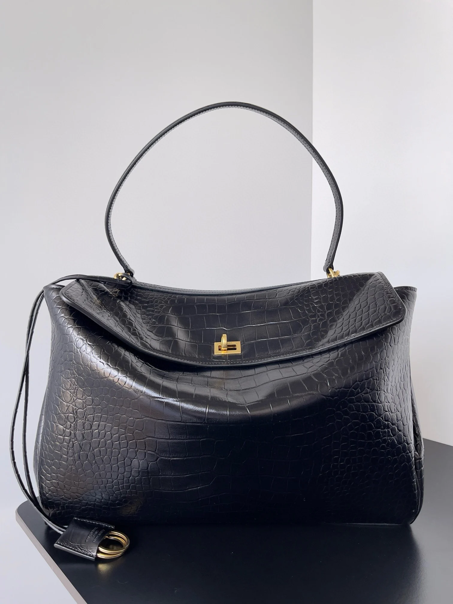 Knockoff Balenciaga Rodeo Large Bag Black Crocodile Embossed Calfskin
