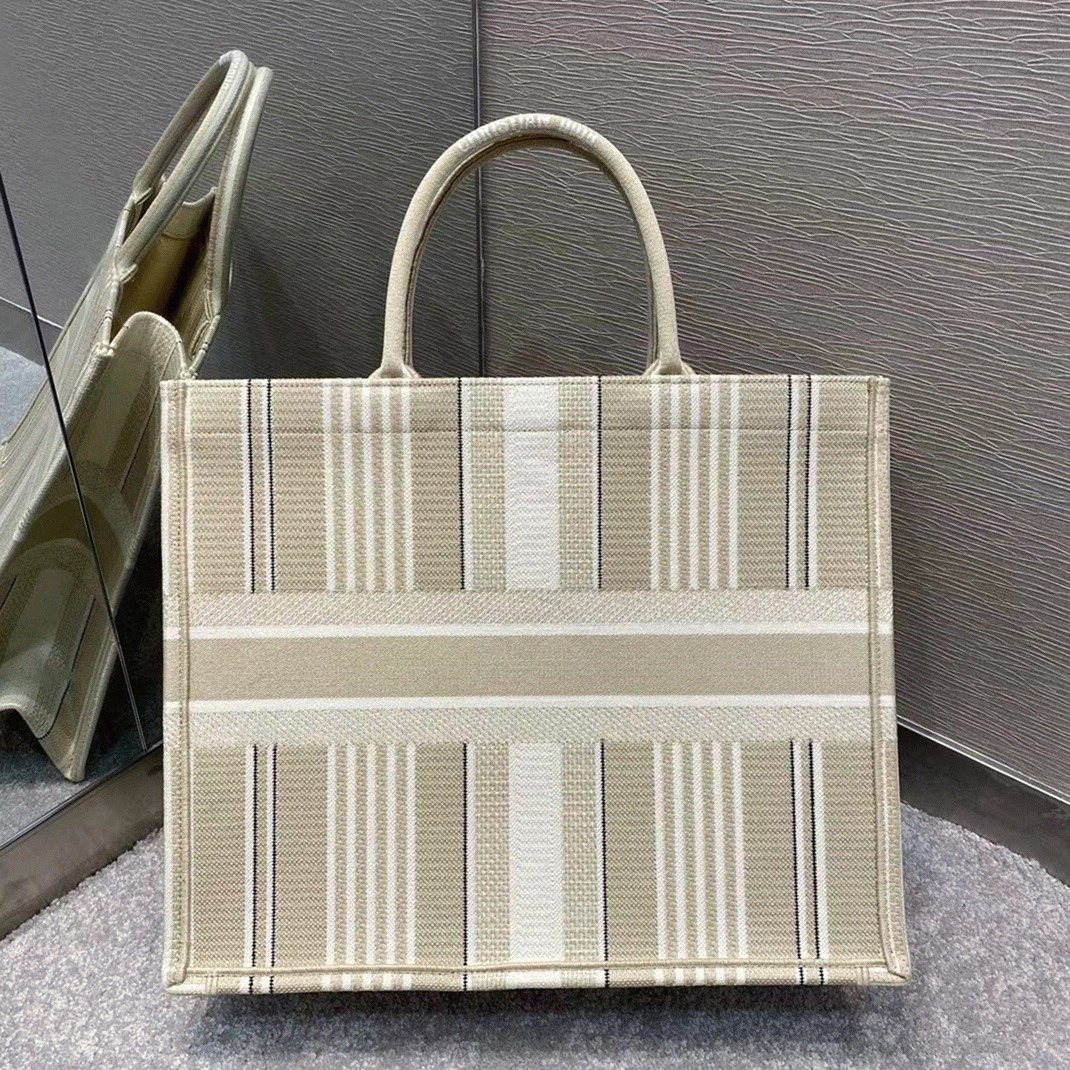 Dior Large Book Tote Bag Replica in Beige Stripes Embroidery