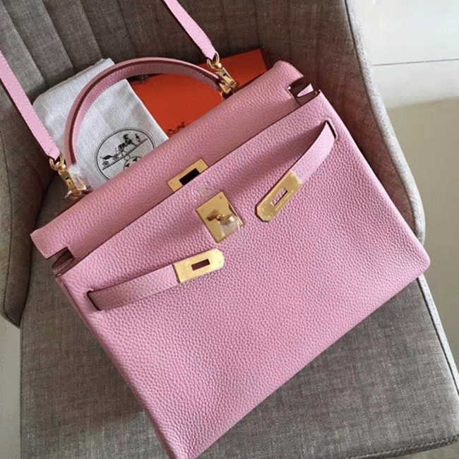 Pink Clemence Replica Hermes Kelly Retourne 32cm Tote