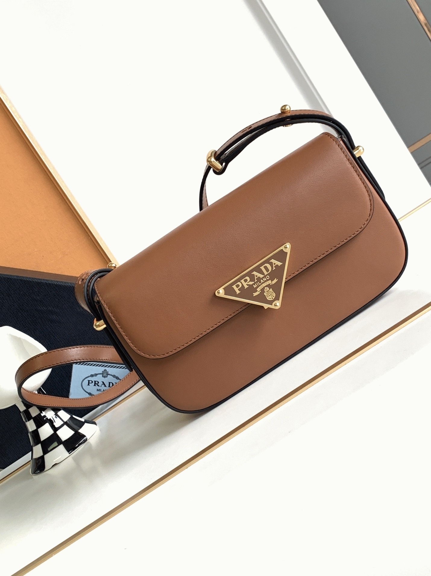 Prada Shoulder Bag Knockoff in Cognac Smooth Calfskin