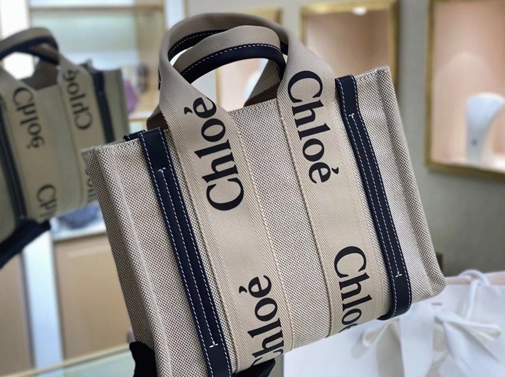 Top Quality Fake Chloe Small Woody Tote Bag in Canvas with Blue Leather Strips