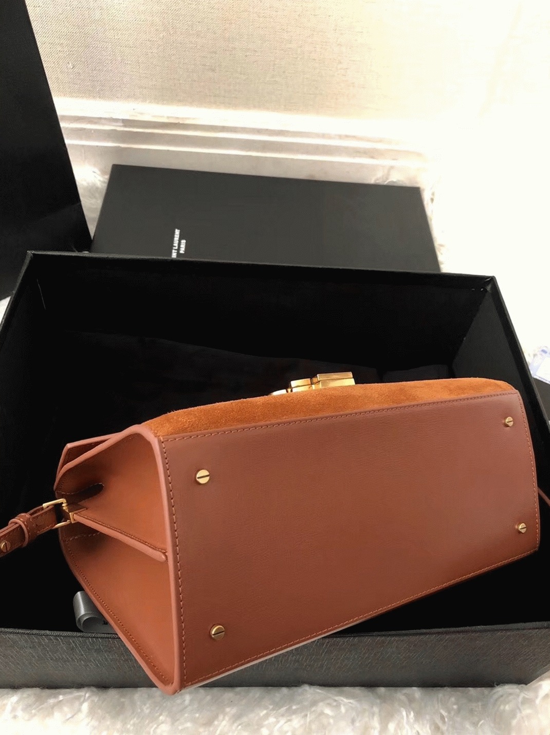 Fake Saint Laurent Cassandra Medium Bag Brown Suede