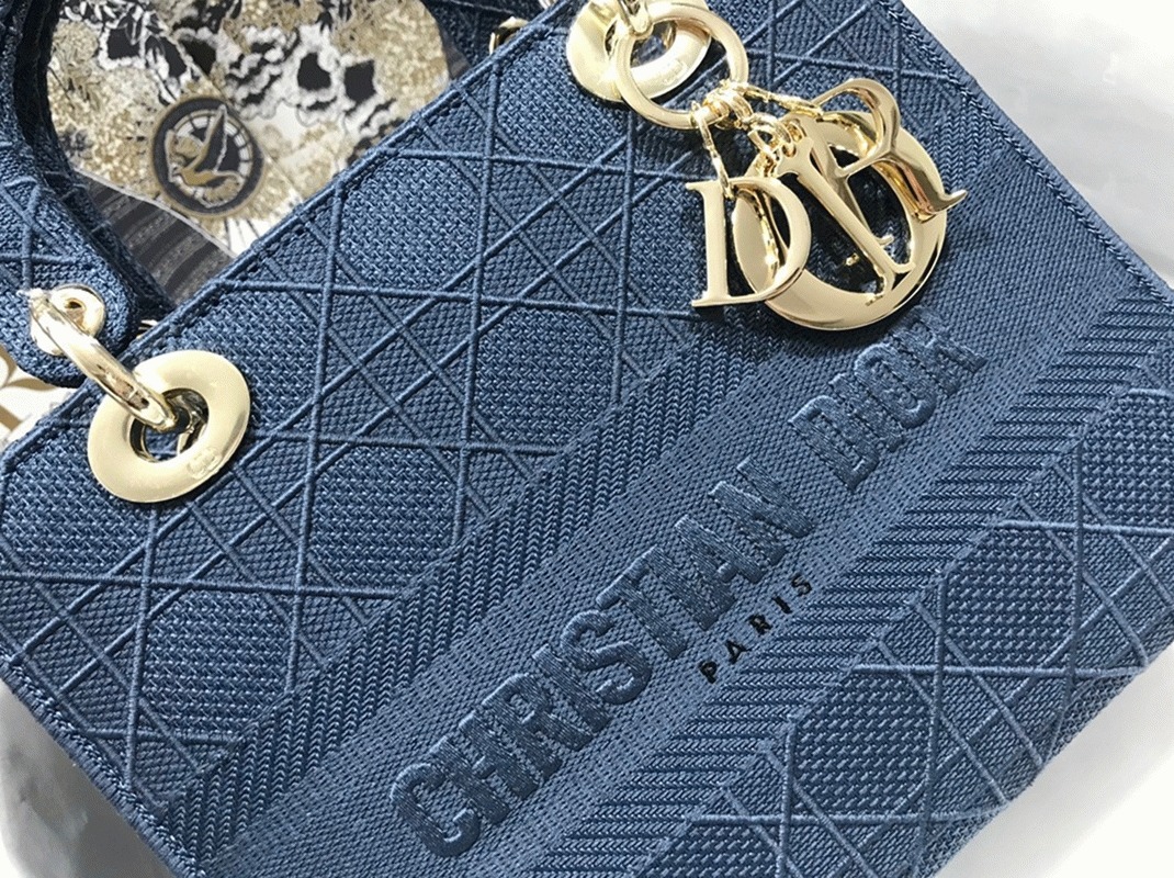 Dior Lady D-Lite Medium Bag Fake in Blue Cannage Embroidered Canvas