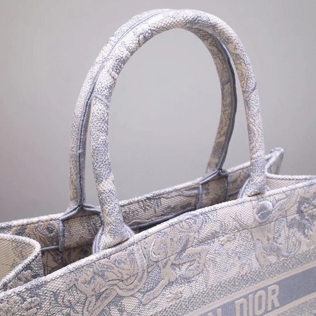 Dior Medium Book Tote Bag Fake in Grey Toile De Jouy Embroidery