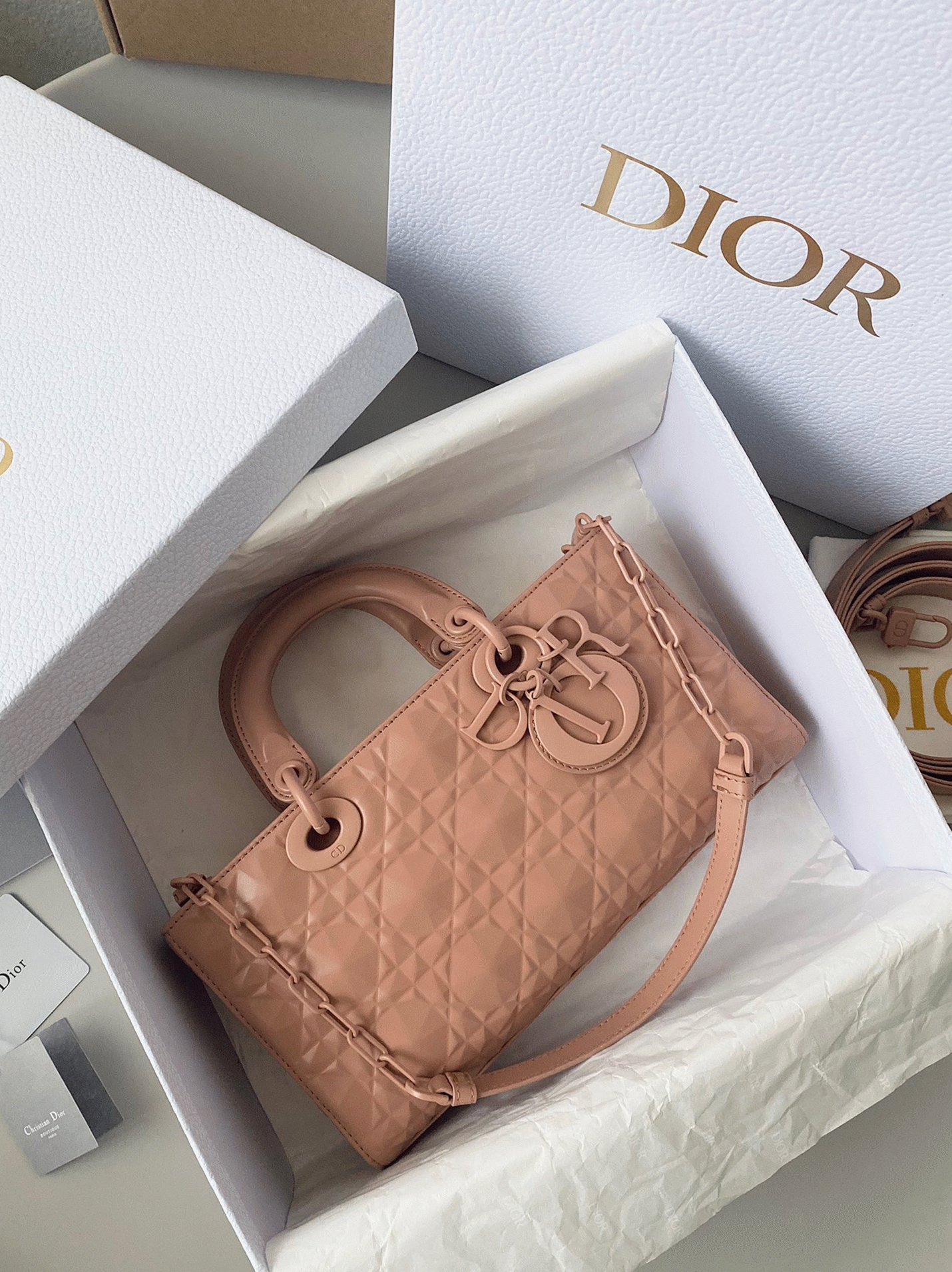 Dior Lady D-Joy Medium Bag Faux in Nude Calfskin with Diamond Motif