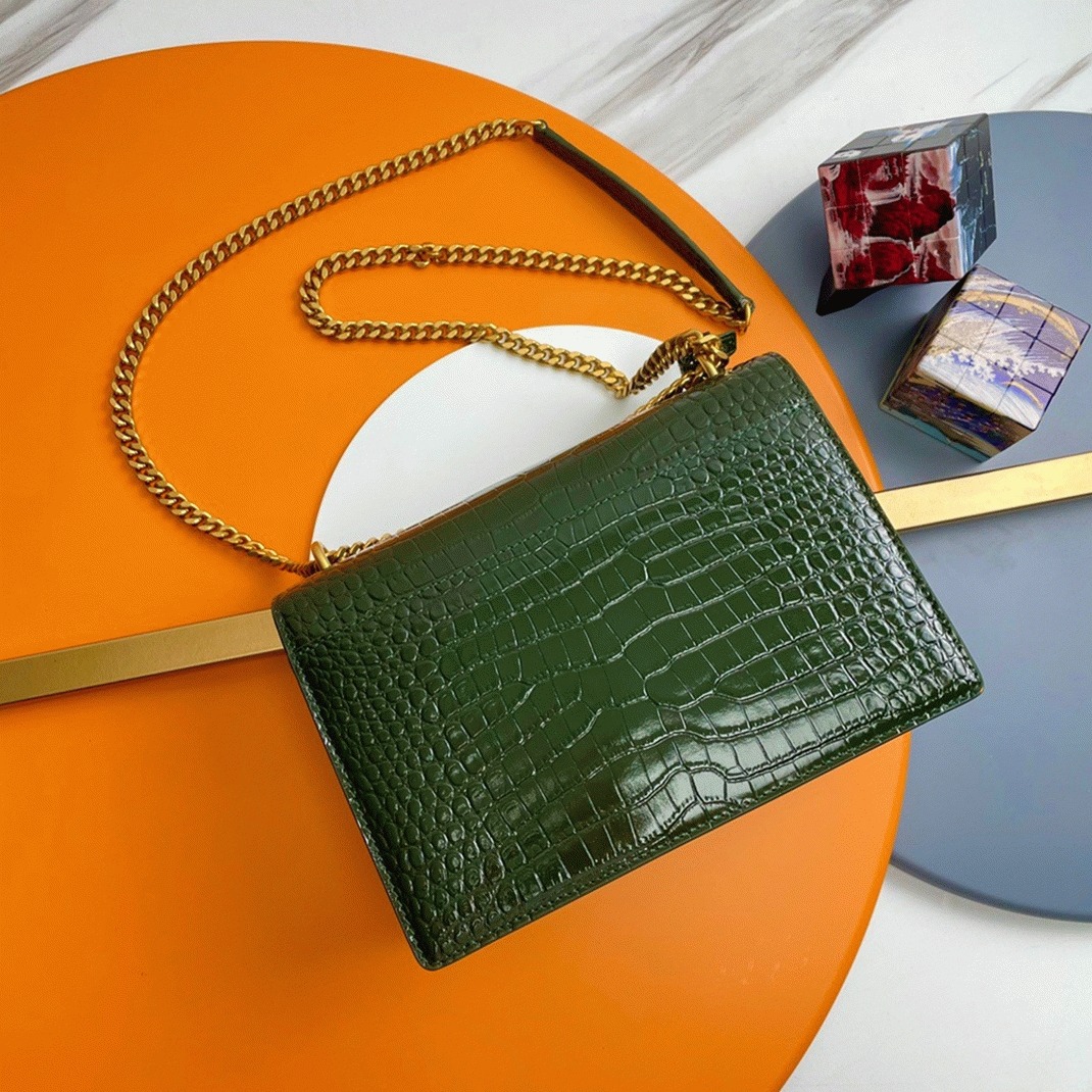 Fake Saint Laurent Sunset Medium Chain Bag Green Crocodile-embossed Leather